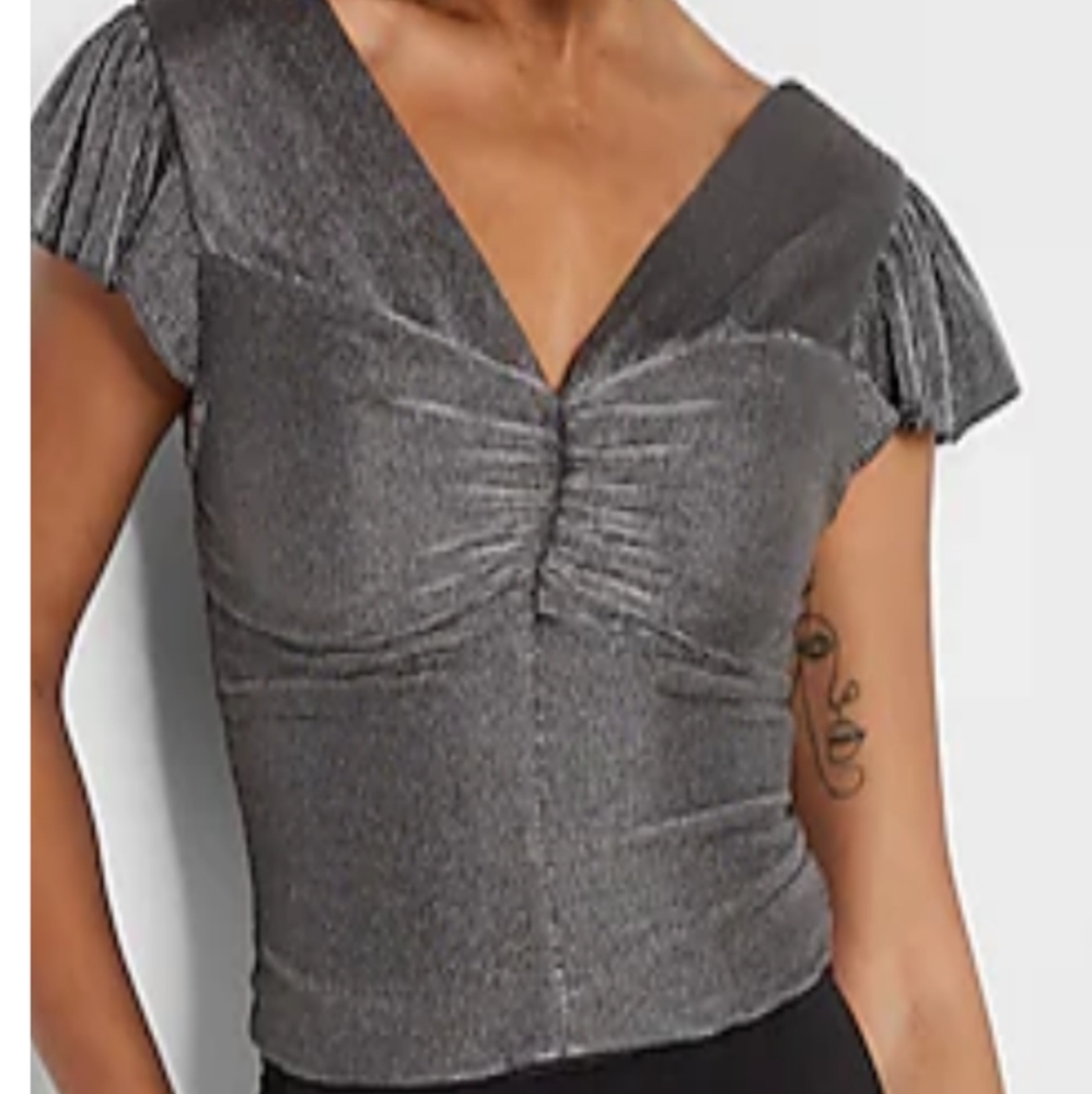 Express Pleated Flutter Sleeve Cropped Top